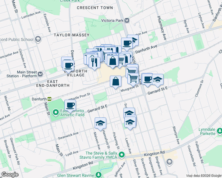 map of restaurants, bars, coffee shops, grocery stores, and more near 37 Carnahan Terrace in Toronto