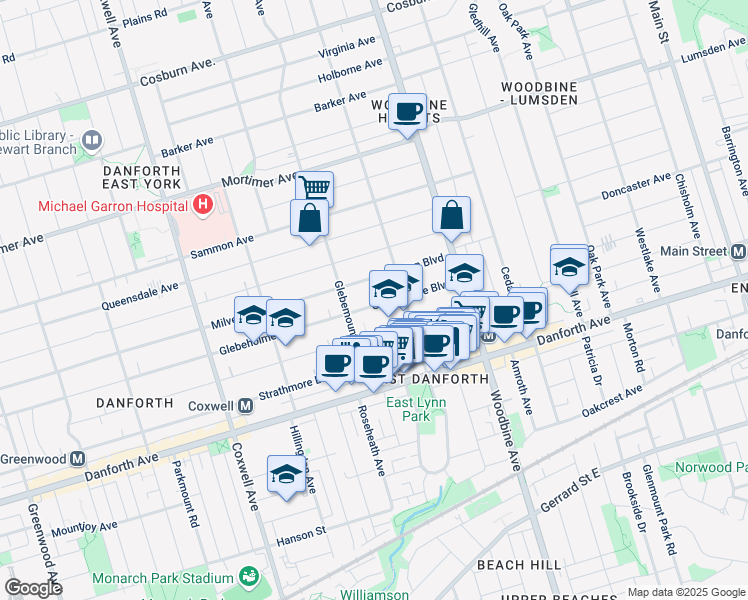 map of restaurants, bars, coffee shops, grocery stores, and more near 548 Glebeholme Boulevard in Toronto