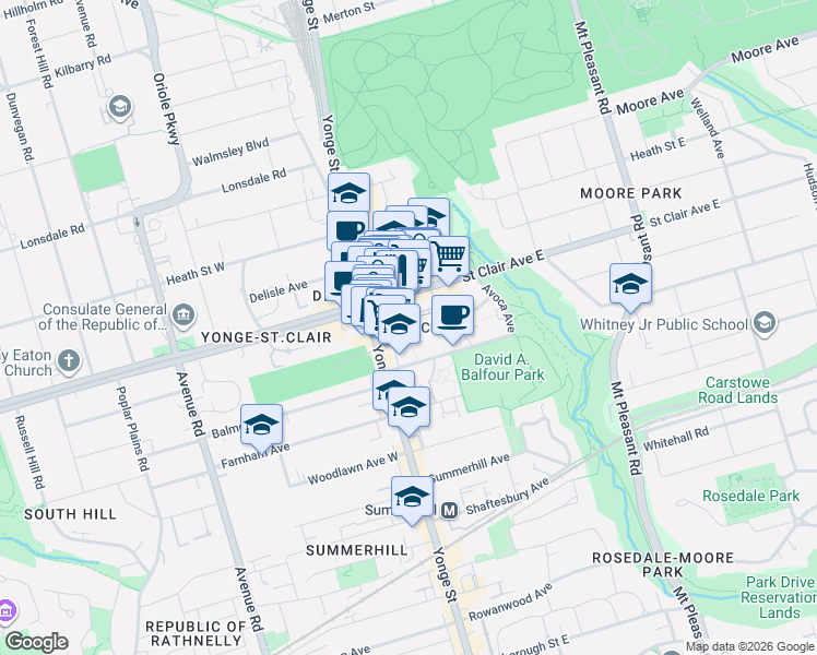 map of restaurants, bars, coffee shops, grocery stores, and more near 40 Pleasant Boulevard in Toronto