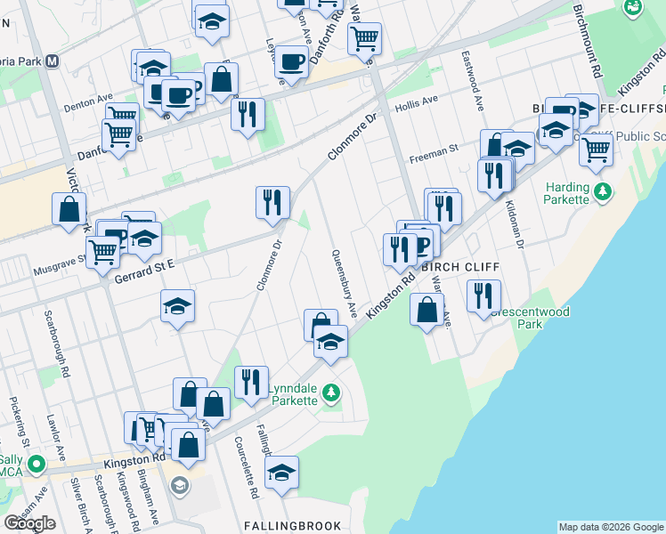 map of restaurants, bars, coffee shops, grocery stores, and more near 52 Queensbury Avenue in Toronto