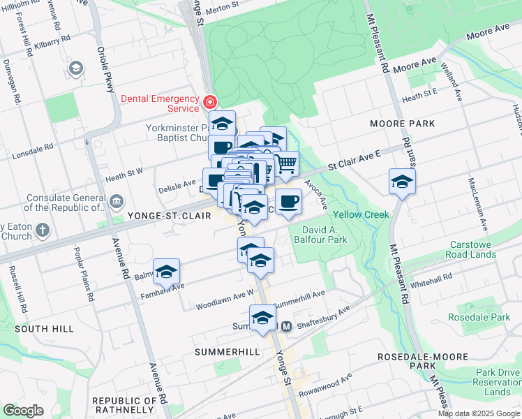 map of restaurants, bars, coffee shops, grocery stores, and more near 40 Pleasant Boulevard in Toronto