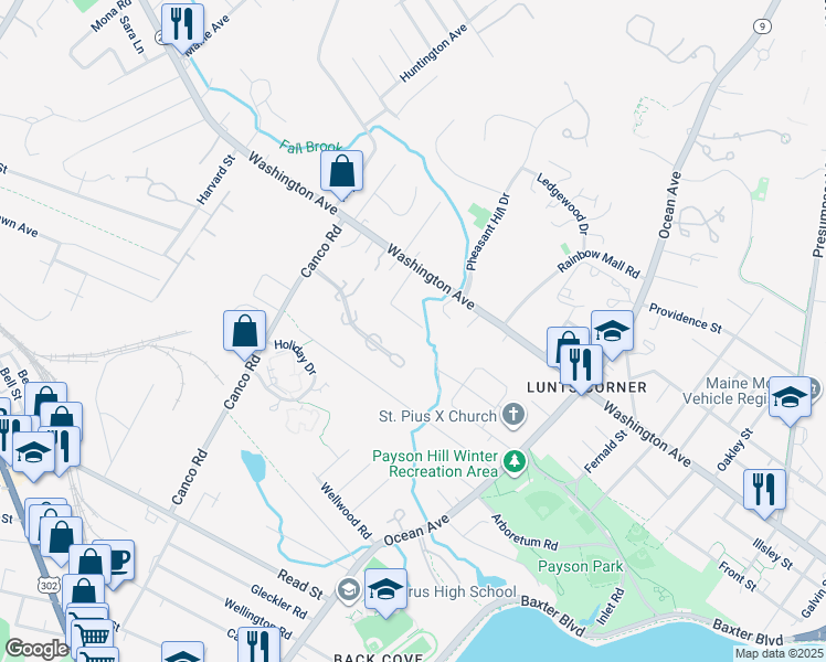 map of restaurants, bars, coffee shops, grocery stores, and more near 69 Fall Brook Street in Portland
