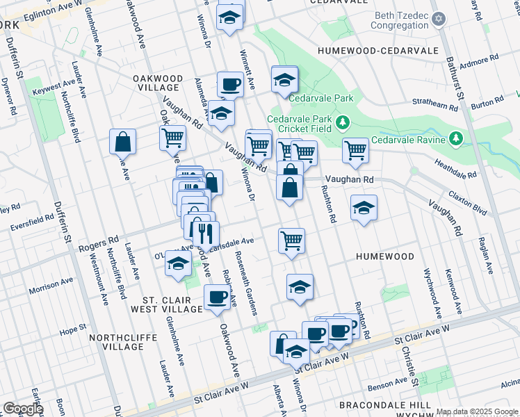 map of restaurants, bars, coffee shops, grocery stores, and more near in Toronto