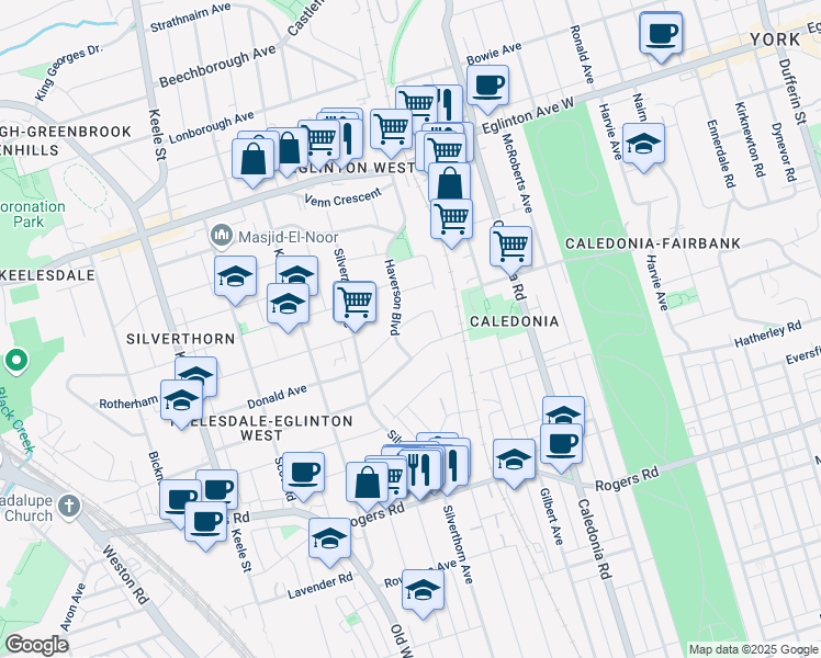 map of restaurants, bars, coffee shops, grocery stores, and more near in Toronto