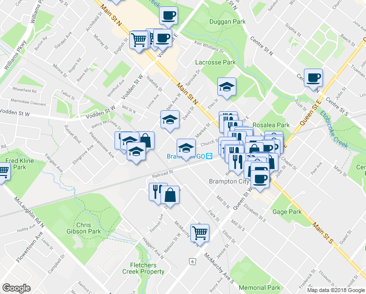 map of restaurants, bars, coffee shops, grocery stores, and more near 72 Mill Street North in Brampton