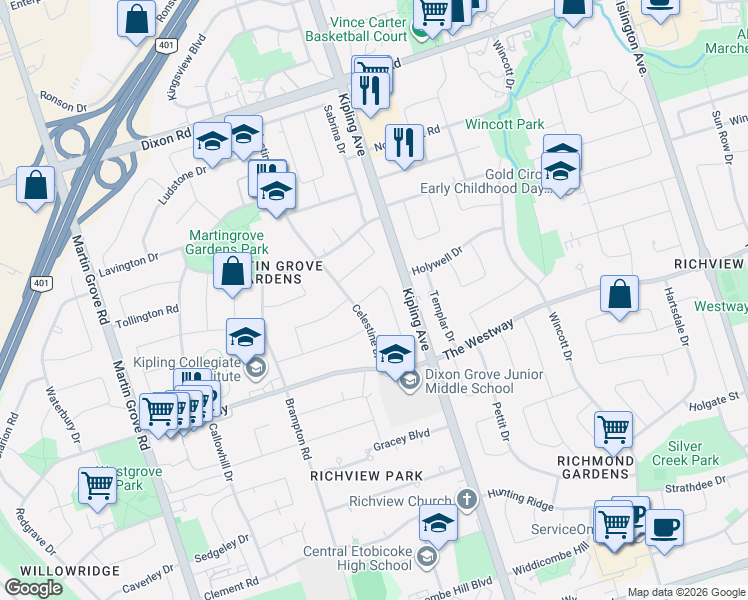 map of restaurants, bars, coffee shops, grocery stores, and more near 26 Jardine Place in Toronto