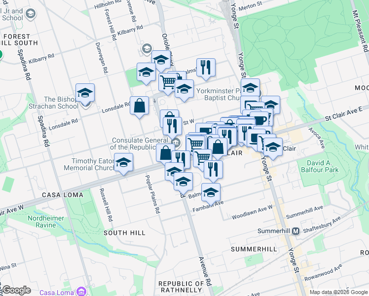 map of restaurants, bars, coffee shops, grocery stores, and more near in Toronto