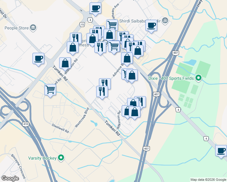 map of restaurants, bars, coffee shops, grocery stores, and more near 227 Advance Boulevard in Brampton