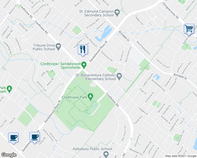 map of restaurants, bars, coffee shops, grocery stores, and more near 47 Lockheed Crescent in Brampton