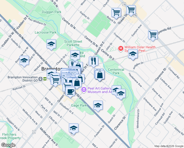 map of restaurants, bars, coffee shops, grocery stores, and more near 15 Mary Street in Brampton