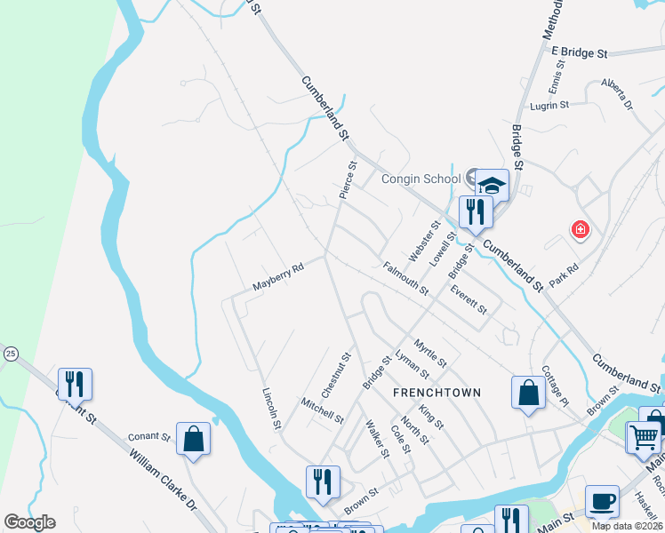 map of restaurants, bars, coffee shops, grocery stores, and more near 113 Pierce Street in Westbrook