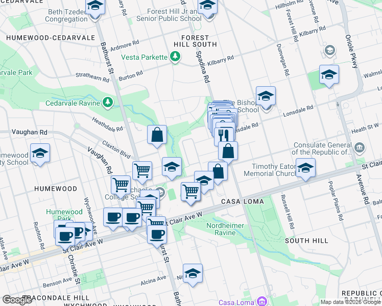 map of restaurants, bars, coffee shops, grocery stores, and more near 19 Lower Village Gate in Toronto
