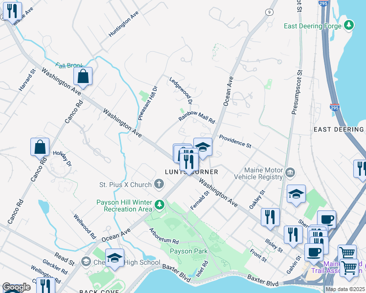 map of restaurants, bars, coffee shops, grocery stores, and more near 27 Byfield Road in Portland