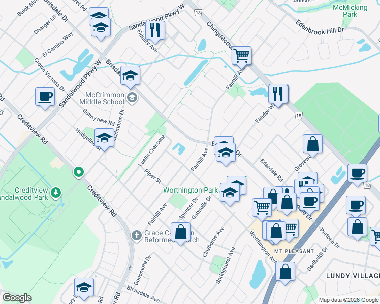 map of restaurants, bars, coffee shops, grocery stores, and more near 10 Schooner Drive in Brampton
