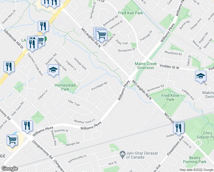 map of restaurants, bars, coffee shops, grocery stores, and more near 75 Porchlight Road in Brampton