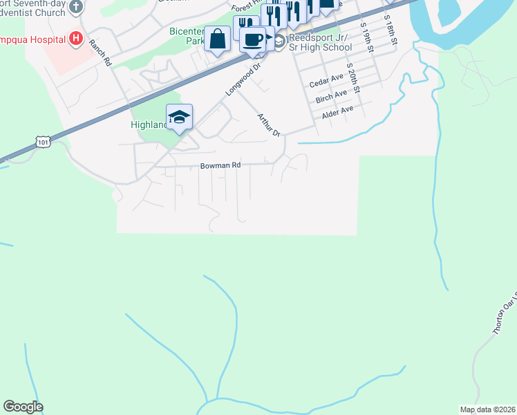 map of restaurants, bars, coffee shops, grocery stores, and more near 1020 View Street in Reedsport