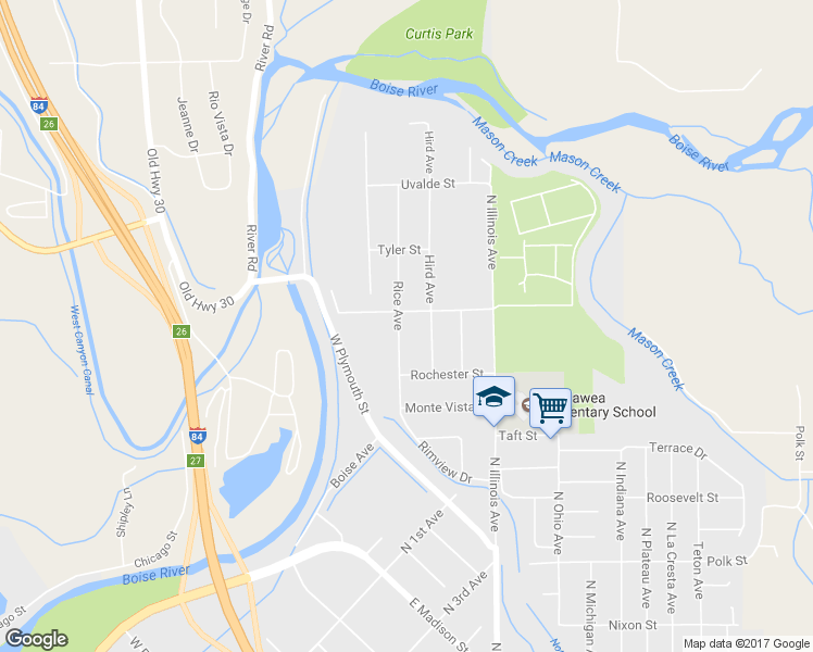 map of restaurants, bars, coffee shops, grocery stores, and more near 2016 Rice Avenue in Caldwell