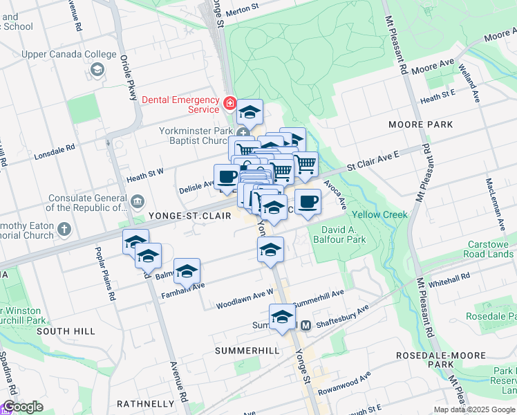 map of restaurants, bars, coffee shops, grocery stores, and more near 1421 Yonge Street in Toronto