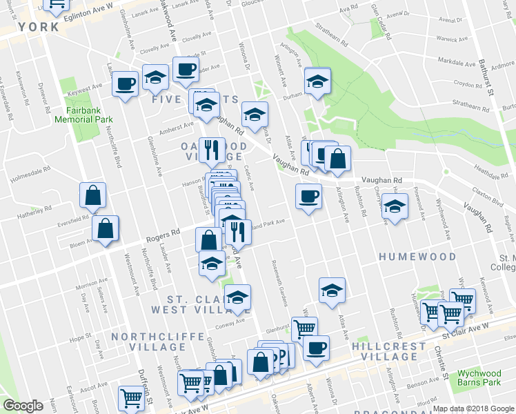 map of restaurants, bars, coffee shops, grocery stores, and more near 126 Cedric Avenue in Toronto