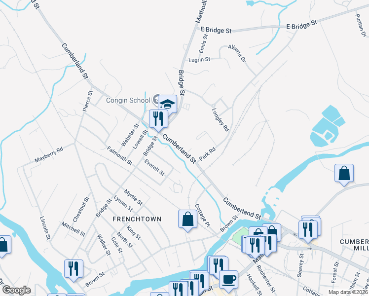 map of restaurants, bars, coffee shops, grocery stores, and more near 279 Cumberland Street in Westbrook