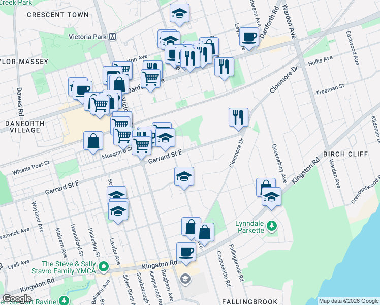 map of restaurants, bars, coffee shops, grocery stores, and more near 4 Coalport Drive in Toronto