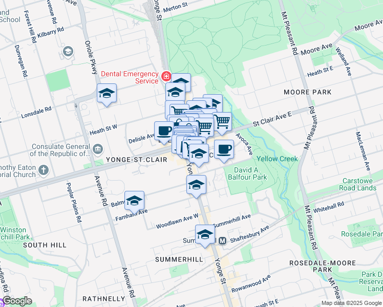 map of restaurants, bars, coffee shops, grocery stores, and more near 25 Saint Clair Avenue East in Toronto