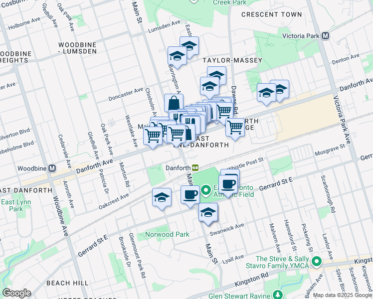 map of restaurants, bars, coffee shops, grocery stores, and more near 275 Main Street in Toronto