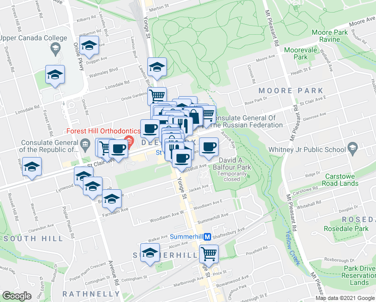 map of restaurants, bars, coffee shops, grocery stores, and more near 40 Pleasant Boulevard in Toronto