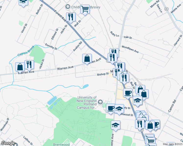 map of restaurants, bars, coffee shops, grocery stores, and more near 87 Bishop Street in Portland