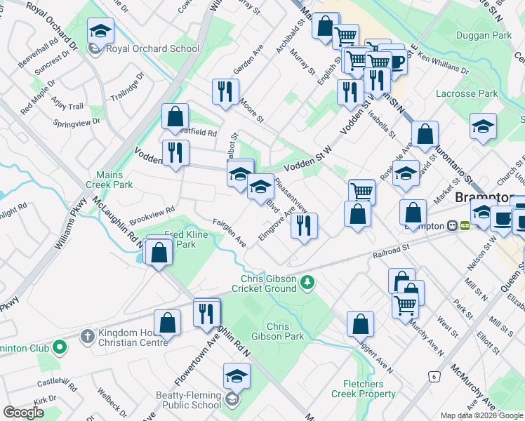 map of restaurants, bars, coffee shops, grocery stores, and more near 35 Sunset Boulevard in Brampton