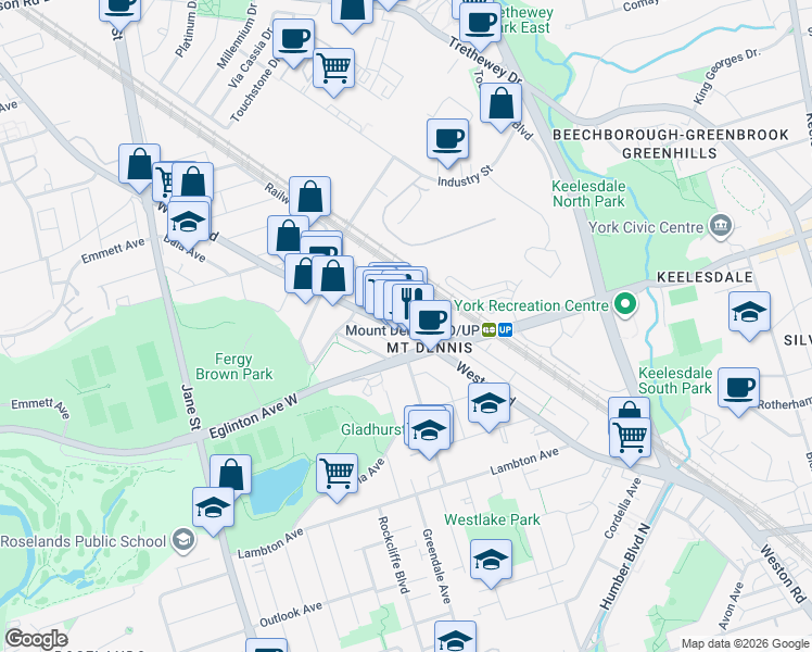 map of restaurants, bars, coffee shops, grocery stores, and more near 1181 Weston Road in Toronto
