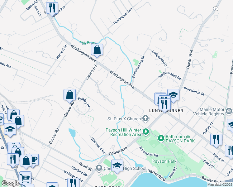 map of restaurants, bars, coffee shops, grocery stores, and more near 69 Fall Brook Street in Portland