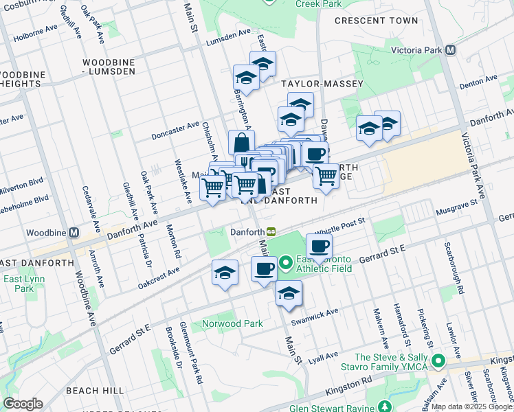 map of restaurants, bars, coffee shops, grocery stores, and more near in Toronto