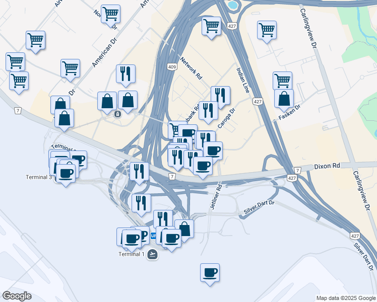 map of restaurants, bars, coffee shops, grocery stores, and more near 5925 Airport Road in Mississauga