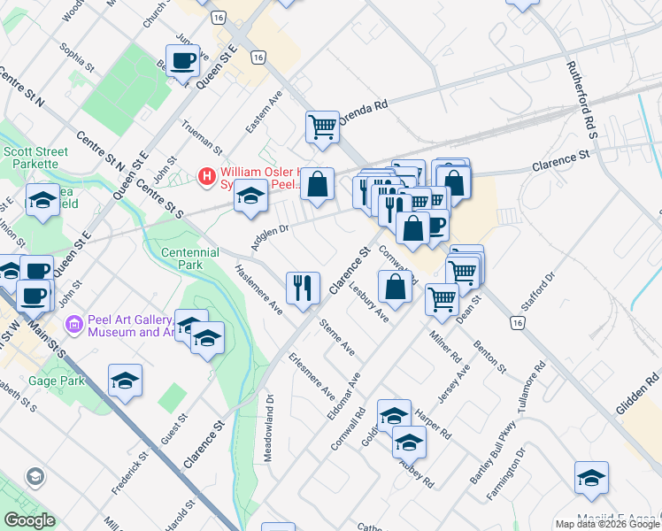 map of restaurants, bars, coffee shops, grocery stores, and more near 44 Wilton Drive in Brampton