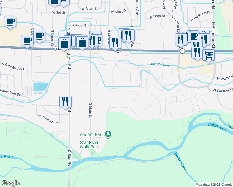 map of restaurants, bars, coffee shops, grocery stores, and more near 401 South Delphinium in Star