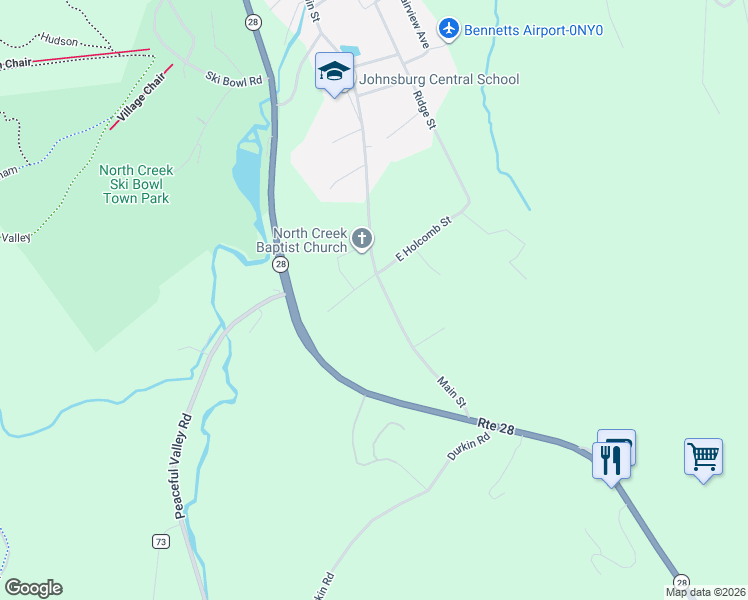 map of restaurants, bars, coffee shops, grocery stores, and more near 69 Main Street in North Creek