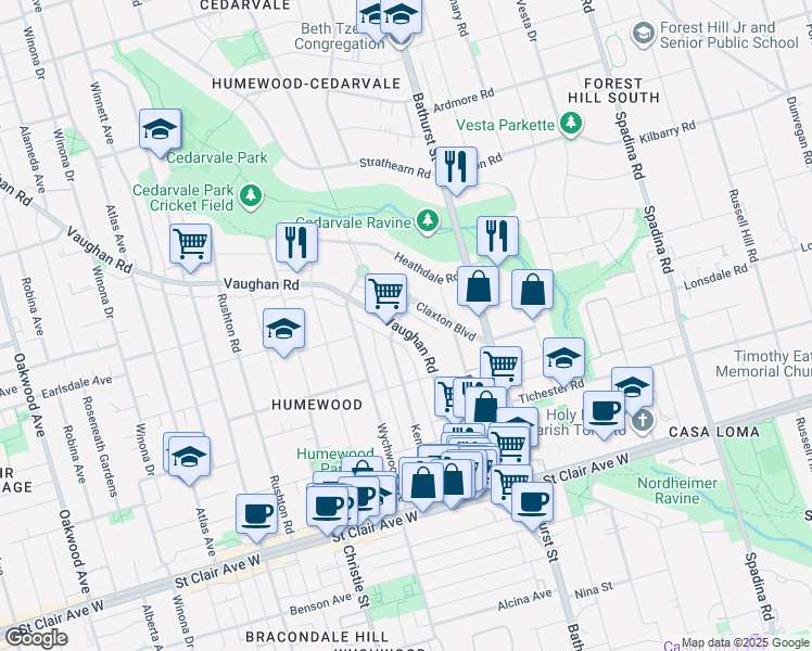 map of restaurants, bars, coffee shops, grocery stores, and more near in Toronto