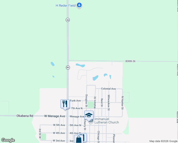 map of restaurants, bars, coffee shops, grocery stores, and more near 1201 Northridge Drive in Lakefield