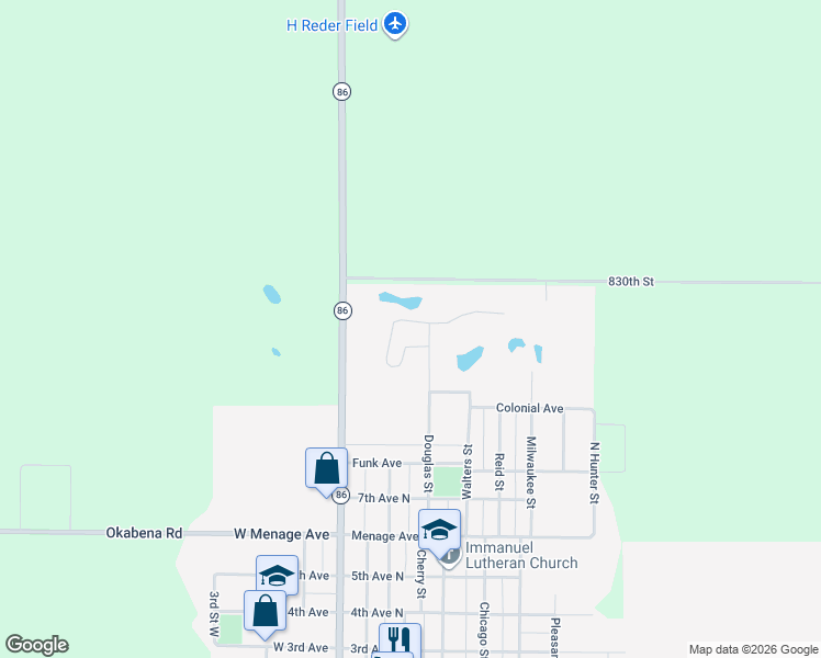 map of restaurants, bars, coffee shops, grocery stores, and more near 1102 Northridge Drive in Lakefield