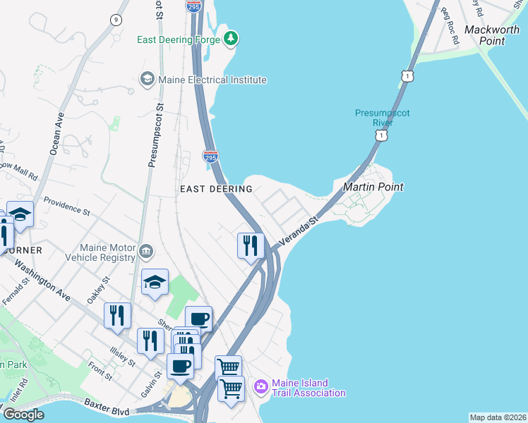 map of restaurants, bars, coffee shops, grocery stores, and more near 44 Olympia Street in Portland