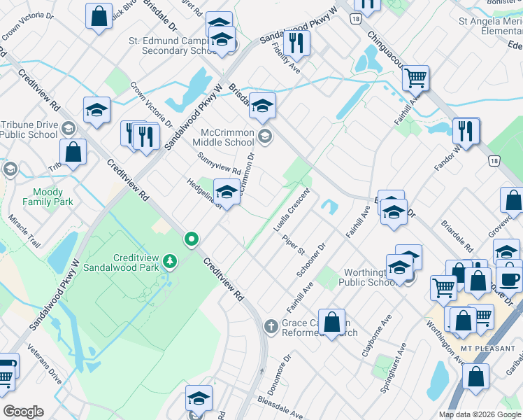 map of restaurants, bars, coffee shops, grocery stores, and more near 30 Trudelle Crescent in Brampton