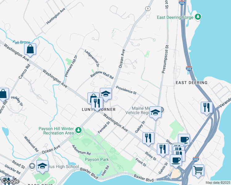 map of restaurants, bars, coffee shops, grocery stores, and more near 12 Cranston Street in Portland