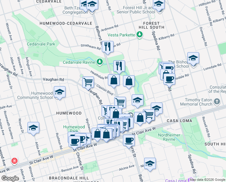 map of restaurants, bars, coffee shops, grocery stores, and more near 1592 Bathurst Street in Toronto