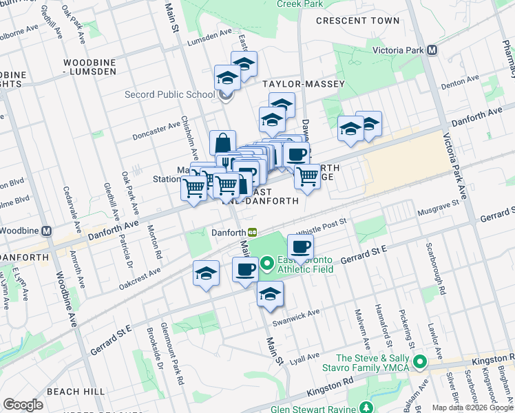 map of restaurants, bars, coffee shops, grocery stores, and more near 265 Main Street in Toronto