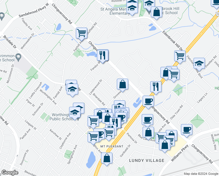 map of restaurants, bars, coffee shops, grocery stores, and more near 20 Linderwood Drive in Brampton