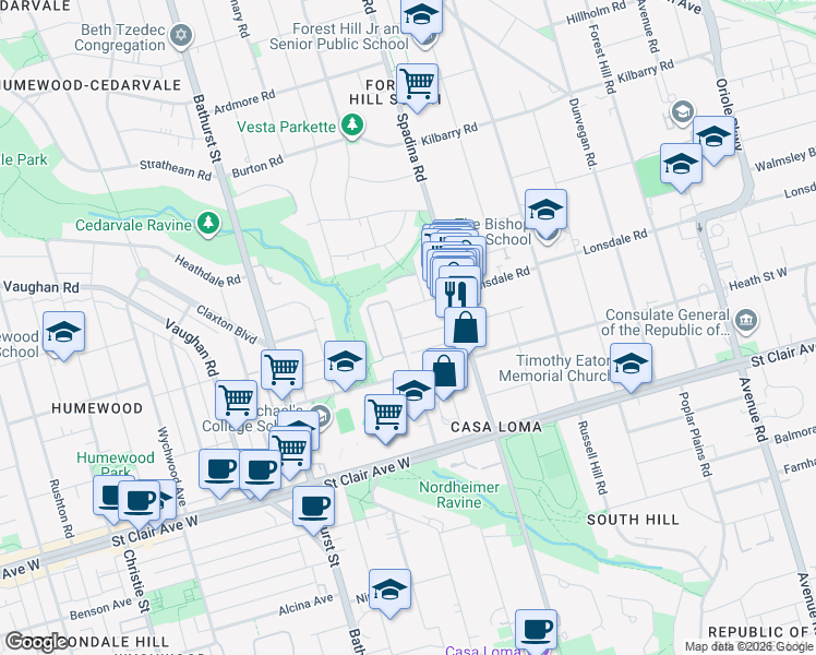 map of restaurants, bars, coffee shops, grocery stores, and more near 80 Montclair Avenue in Toronto