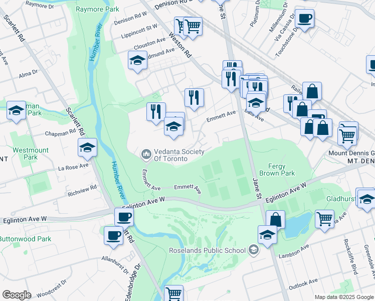 map of restaurants, bars, coffee shops, grocery stores, and more near 81665b Emmett Avenue in Toronto