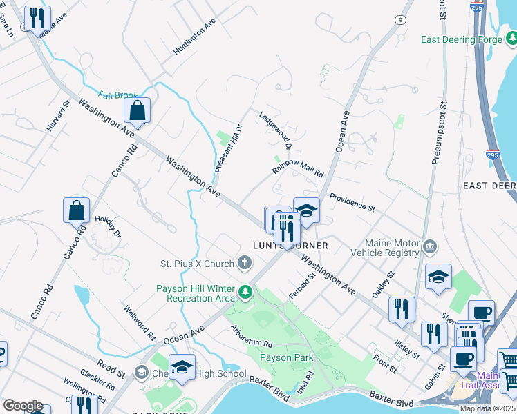 map of restaurants, bars, coffee shops, grocery stores, and more near 855 Washington Avenue in Portland