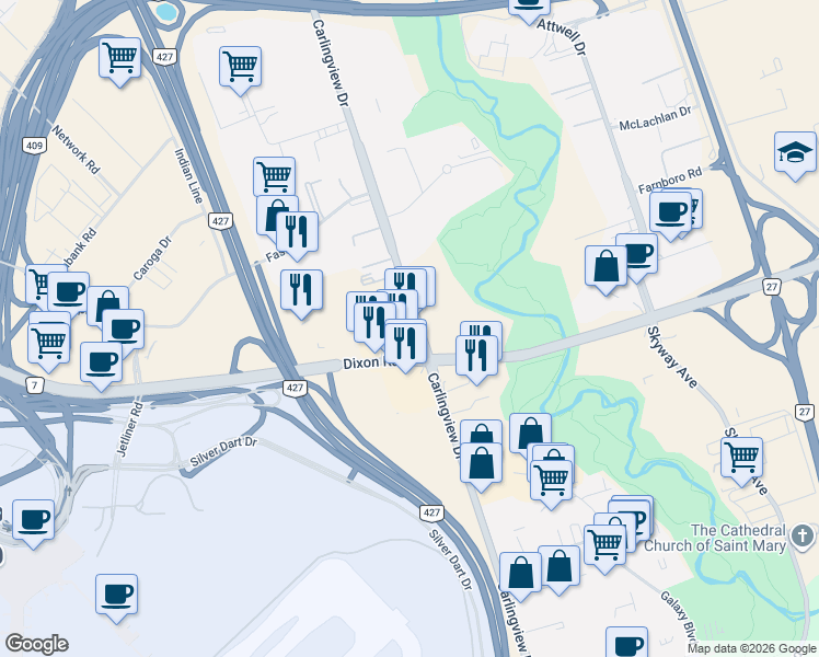 map of restaurants, bars, coffee shops, grocery stores, and more near 262 Carlingview Drive in Toronto